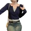 2025 Nuevo Otoño Estilo Coreano Nicho Falso Dos Piezas Cuello en V Camiseta Base Ajustada Interior y Exterior Tops de Manga Larga para Mujer
