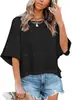 2026 Amazon Transfronterizo Verano Nuevo Estilo Europeo y Americano Patchwork Color Sólido Cuello Redondo Holgado Top Camiseta con Mangas de Tres Cuartos Acampanadas