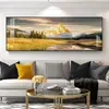 Pintura Decorativa para Sala de Estar con Fondo del Sol Dorado Brillando sobre las Montañas, Pintura Colgante de Pared de Fondo para Sofá Lujosa y Elegante, Paisaje para Oficina