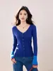 Cárdigan de punto de cuello en V azul Klein de alta gama para mujer, corte ajustado, con capas de colores contrastantes, top de otoño
