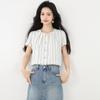 2025 Nuevo Verano Estilo Coreano Casual Versátil Holgado Cuello Redondo Abotonadura Sencilla Camisas de Manga Corta a Rayas para Mujer