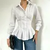 Moda Feminina Versátil Cor Sólida Cinto na Cintura Gola Camisa Babado Plissado Outono 2026