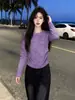 Camiseta de Manga Larga con Cuello Redondo, Tie-Dye Morado Desgastado, Hombro Normal, Corte Ajustado, Fruncida, Estilo Trendy, Individualista, Dulce y Picante, para Mujer, Otoño