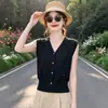 Cárdigan de punto de seda helada estilo francés con cuello en V para mujer, top de punto de manga corta, nuevo top popular de verano sin mangas 2026