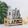 Copo Misturador de Aço Inoxidável Utensílio de Bar Coqueteleira Conjunto de 12 Peças Conjunto de Coqueteleira de Bar com Base de Suporte de Madeira