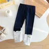 Calça Térmica de Outono Estilo Doce e Fofo para Meninas Estampa de Estrelas Renda com Laço Elegante Versátil Comprimento Três Quartos Calça Térmica