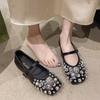 Sapatos Baixos de Bico Aberto Femininos 2025 Primavera e Verão Nova Moda Fivela Late Night Fivela de Strass Pérola Sapatos de Salto