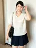Top casual de punto para mujer talla grande, con cuello tipo polo y manga corta, otoño 2026, tejido que estiliza la cintura para mujeres talla grande