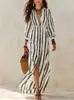 2026 Camisa Vertical Rayas Blancas y Negras Cintura Ajustada Vestido Largo Solapa Mangas de Farol Abertura Frontal Estilo Resort Ropa para Mujer