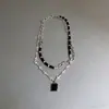 Colar Dupla Camada com Pingente Cravejado de Pedras Pretas para Mulheres, Gargantilha Tendência Doce-Cool de Influenciadora, Corrente de Suéter de Nicho de Luxo Leve