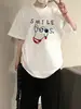 Camiseta de Manga Corta Impresa Ins Trendy de Algodón Puro Americano con Hombro Derecho de Cachorro de Dibujos Animados para Mujer 2025 Nuevo Top Holgado y Versátil
