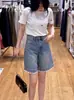 Shorts de Mezclilla Rectos de Pierna Ancha para Mujer, Talla Grande, Verano 2026, Cintura Alta, Ribeteados con Encaje, Corte Holgado, Pantalones Adelgazantes