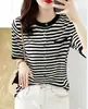 Estilo nuevo de verano cárdigan de punto de algodón puro con cuello redondo, bloques de color, versión coreana casual, camiseta simple de manga corta, top fino, ropa para mujer