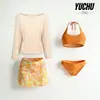 Maiô Retrô Feminino com Saída de Praia, Biquíni Duas Peças Estilo Saia, Conjunto de Quatro Peças, Push-Up para Seios Pequenos, Estilo Resort de Fontes Termais, Moda Praia Sexy
