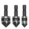 Conjunto de três peças com haste hexagonal de 90 graus de aço carbono chanfrado de cinco lâminas transfronteiriço 12-19mm abridor de furo para marcenaria escareador preto