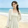 Ropa de Protección Solar de Encaje para Mujer en Verano, Combinada con una Falda de Tirantes, Chal, Cárdigan, Cubierta Exterior, Abrigo Corto Transparente, Ropa de Protección Solar