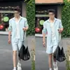 Conjunto de Camisa de Manga Longa Lisa Casual Solta e Shorts Masculino de Verão Novo High-End Estilo Old Money Simples