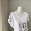 Camiseta de Manga Corta con Cuello en V y Estampado de Dibujos Animados en el Hombro Derecho Estilo Americano para Mujer en Verano con Diseño de Cintura Asimétrica Fruncida y Corte Ajustado