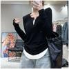Camisa Base Feminina 2025 Nova Outono e Inverno Barra Curva Camiseta Feminina Manga Longa Fashion Slim Falso Duas Peças Top