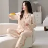 Pijama de Algodão Manga Longa Calça Longa Feminina Conjunto Cardigan com Lapela Tamanho Plus Primavera Outono Roupa de Casa Conjunto Doce e Fofo