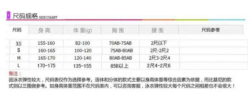 尺寸表XS sml