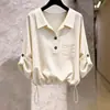 Impresionante Camisa Rayada de Manga Media Estilo Callejero de Nicho Ligero Maduro para Mujer 2026 Nuevo Otoño Versátil Top con Cordón de Temperamento