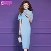Vestido Azul Original com Contas Feimengyi para Mulheres, Manga Curta, Estilo Verão, Design Jovem, Gola Alta, Caimento Justo, Vestido Cheongsam Aprimorado