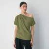 Top Asimétrico de Manga Corta Estilo Europeo y Americano con Pliegues Fruncidos, Diseño de un Solo Hombro, Camiseta Elegante para el Trabajo con un Toque Maduro