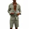 Conjunto de Camisa Cardigan de Lino Casual Holgada de Manga Larga Estilo Americano para Vacaciones de Verano para Hombre con Pantalones Cortos de Playa