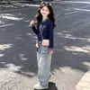 Conjunto de Duas Peças para Meninas Outono e Primavera Cardigan Retrô Xadrez Color-Block Estilo College Jeans Fofo Estilo Coreano Tendência