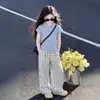 Conjunto de Verano para Niñas de Comercio Exterior: Conjunto de Dos Piezas para Niños: Camisa Polo de Manga Corta y Pantalones Anchos a Cuadros Sueltos