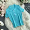 Camiseta Branca Manga Curta Gola Polo Feminina Verão Chic Francês Design de Nicho Top Curto Justo Malha