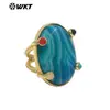 Wt-R585 Anillo Abierto Geométrico Retro Británico con Patrón Ovalado, Piedra Natural Colorida, Chapado en Oro de 18 Quilates para Hombres y Mujeres