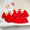 Vestido de Navidad para Niña Primavera Otoño Manga Larga Pelele de Bebé Bordado de Lazo Vestido Rojo para Niña Atuendo de Hermana