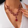 Collar de Flor de Zircón Rojo y Gota de Agua Transfronterizo Europeo y Americano, Cadena para Clavícula de Nicho de Lujo Ligero, Accesorio de Gama Alta Moderno y Versátil