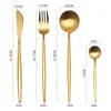 Juego de cubertería de acero inoxidable 304 cepillado portugués de cuatro piezas: cuchillo para bistec, tenedor, cuchara, cuchara de café, juego en caja de regalo pequeña occidental