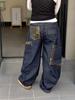 Jeans Americano Retrô Lavado com Estampa de Leopardo Costurado para Homens na Primavera e Outono, Calças de Design Solto e Versátil de Perna Larga