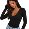 Top de manga larga de encaje con escote en V para mujer, de otoño temprano, puro deseo, corte ajustado, elástico, que expone la cintura, capa base sexy para ropa de abrigo