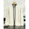 Suéter de cachemira grueso de lujo para hombre, chaqueta de punto casual de negocios con bloques de color y cárdigan de cuello alto