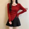 Top de Punto Rojo Floral Tridimensional de Manga Larga para Mujer, Principios de Otoño, Cintura Ajustable con Cordón Lateral, Prenda Exterior Adelgazante, Top de Moda