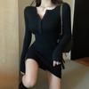 Vestido ajustado sexy de primavera y otoño para mujer, vestido negro pequeño ajustado a la cadera, vestido corto elástico con cintura elegante.