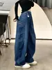 Calça Jeans Wide-Leg Scimitar Bordada para Mulheres Outono e Inverno Novo Estilo Retrô Americano Azul Cintura Alta Solta Skinny Jeans para Mulheres
