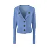 Cárdigan de punto irregular con botones diagonales azul Klein para mujer, diseño de principios de otoño, corto, adelgazante, suave, abrigo tipo suéter