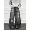 Jeans unisex de pierna ancha, diseño retro americano lavado transfronterizo, estampado, sueltos, casual, versátiles, de longitud completa