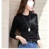 Camiseta elegante de algodão 95% cor sólida, ombro normal, manga longa para mulheres, gola redonda, caimento justo, base modeladora, top simples para baixinhas