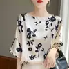 Blusa de seda solta com gola redonda para mulheres, mangas três quartos, novo estilo verão 2026, estampa exclusiva de tinta, camisa da moda estilo coreano