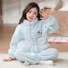 Pijama de lã coral de inverno para meninas, novo estilo outono, gola alta, conjunto de loungewear com zíper para estudantes do ensino fundamental e crianças