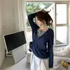 Camiseta de manga larga con bloques de color estilo coreano, aspecto en capas, para mujer, nueva colección de otoño, corte holgado, efecto adelgazante, diseño único y línea de hombro regular