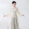 Ropa de Práctica de Danza Clásica Ballet para Mujer Cuello Alto Mangas Largas Abullonadas Camisa de Gasa Cubre-todo Suelto y Fluido para Danza Top Diario