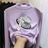 Camiseta de manga larga con forro polar para niña, capa interior de otoño e invierno, top infantil de cuello semi-alto con estampados de dibujos animados